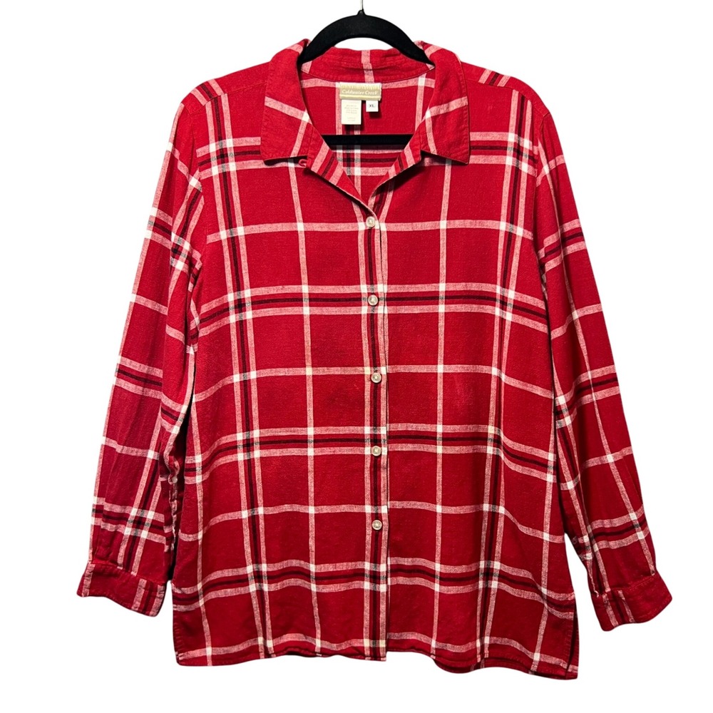 Coldwater Creek Womens XL Plaid Red  Linen Rayon Button Up Long Sleeve Shirt Top